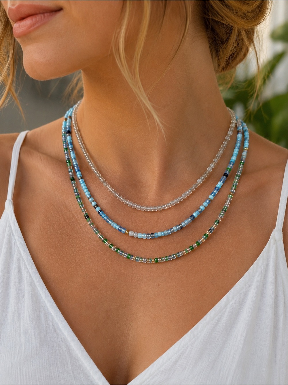 Layered Blue & Green Beaded Necklace Set - Women Jewelry